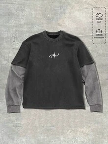 ROMWE MEN Spring Casual Graphic Men'S Patchwork Contrast Color Star Print Casual Street T-Shirt, Fall, Long Sleeve Top - Black - View 1
