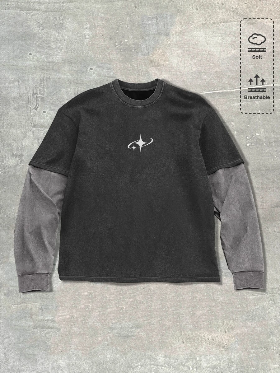 ROMWE MEN Spring Casual Graphic Men'S Patchwork Contrast Color Star Print Casual Street T-Shirt, Fall, Long Sleeve Top - Black - View 1