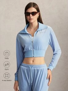 Activina Women's Letter Rhinestone Long Sleeve Zipper Front Cropped Sports Jacket Blue Cotton With Diamond Crystal Design For Warmth Casual Fashion Workout - Blue - View 3