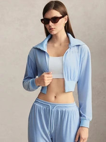 Activina Women's Letter Rhinestone Long Sleeve Zipper Front Cropped Sports Jacket Blue Cotton With Diamond Crystal Design For Warmth Casual Fashion Workout - Blue - View 6
