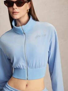 Activina Women's Letter Rhinestone Long Sleeve Zipper Front Cropped Sports Jacket Blue Cotton With Diamond Crystal Design For Warmth Casual Fashion Workout - Blue - View 8