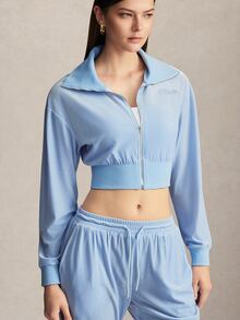 Activina Women's Letter Rhinestone Long Sleeve Zipper Front Cropped Sports Jacket Blue Cotton With Diamond Crystal Design For Warmth Casual Fashion Workout - Blue - View 5