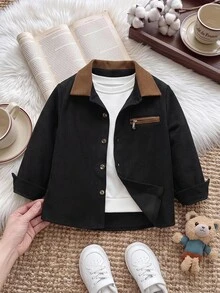 SHEIN Young Boy Contrast Color Lapel Long Sleeve Single-Breasted Casual Jacket - Black - View 1