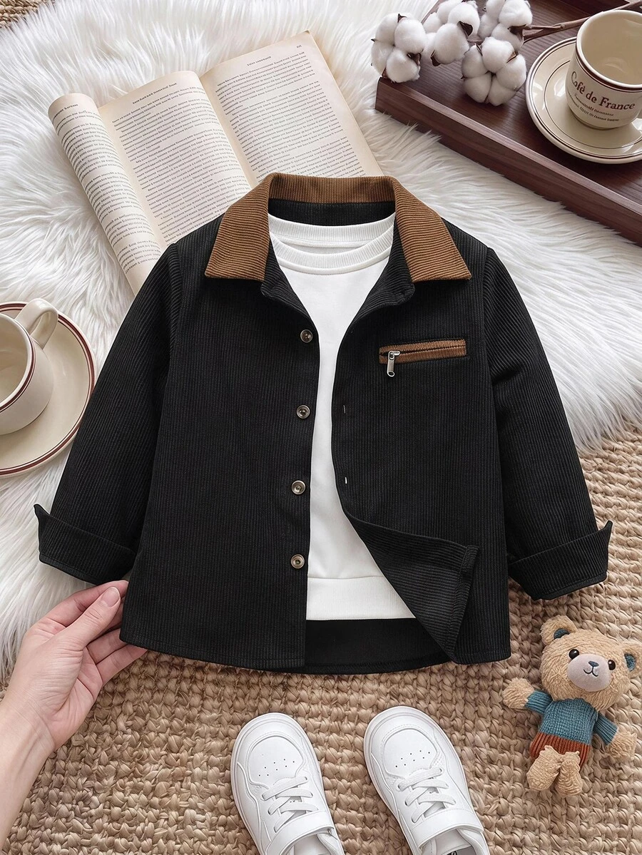 SHEIN Young Boy Contrast Color Lapel Long Sleeve Single-Breasted Casual Jacket - Black - View 1