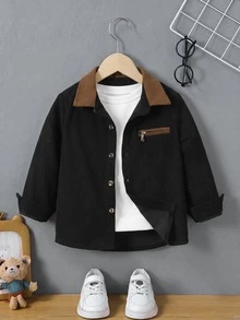 SHEIN Young Boy Contrast Color Lapel Long Sleeve Single-Breasted Casual Jacket - Black - View 3
