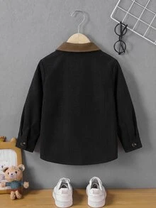 SHEIN Young Boy Contrast Color Lapel Long Sleeve Single-Breasted Casual Jacket - Black - View 2