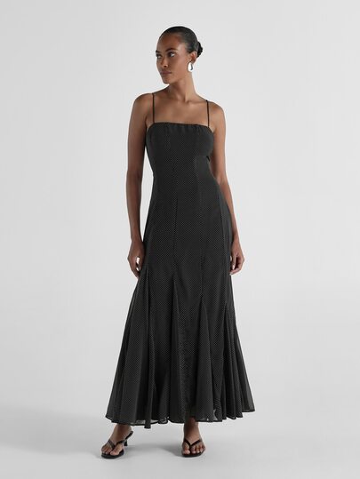 KSTM Polka Dot Chiffon Dress Square Neck Sleeveless Mermaid Silhouette Flared Hem Elegant Evening Wedding Guest Summer Occasion Dress