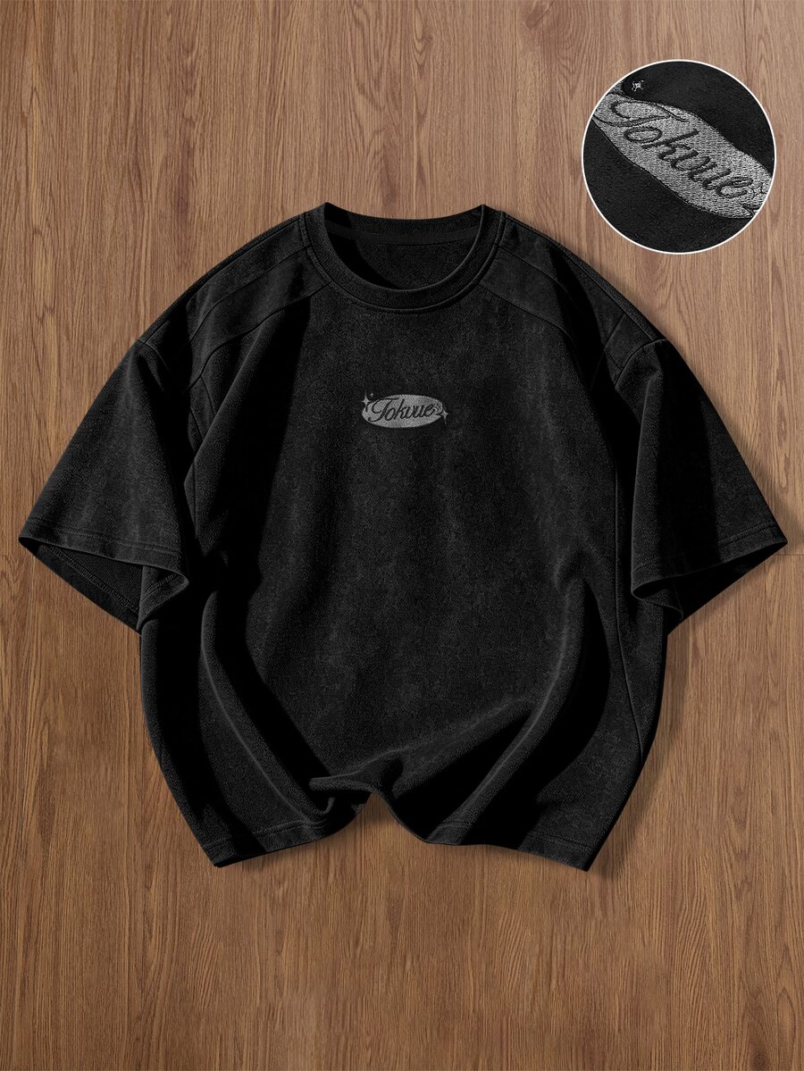 TOKVUE Men's Letter Embroidered Crew Neck Short Sleeve Casual T-Shirt - Black - View 1