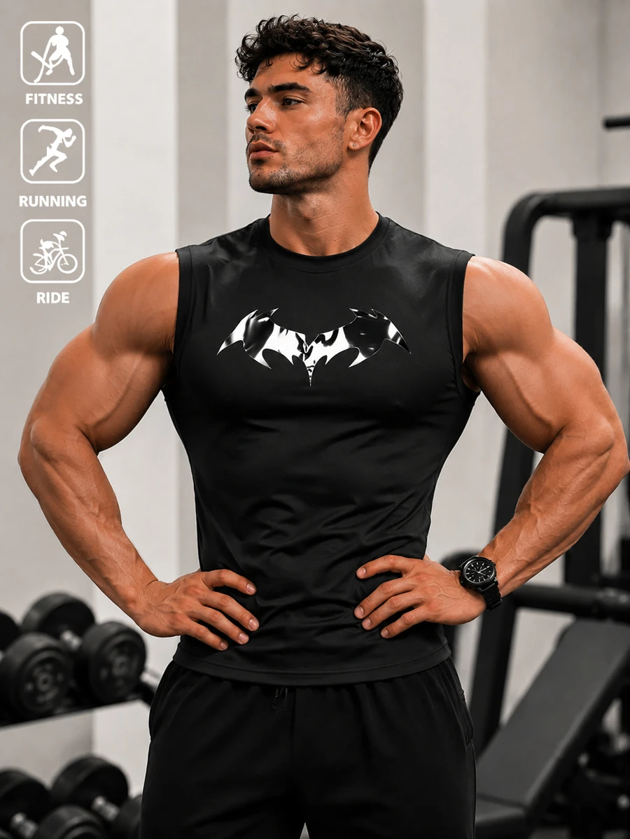Coreblaze Men's Bat Print Casual Fitness Sports Tank Top - Black - View 1