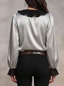 SHEIN بلوزة نسائية أنيقة بأكمام طويلة وياقة مكشكشة بتصميم كتل لونية ورقع - رمادي - مشاهدة 2