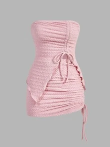 SHEIN ICON Drawstring Detail Lettuce Trim Strapless Top And Skirt Pink Set - Dusty Pink - View 1