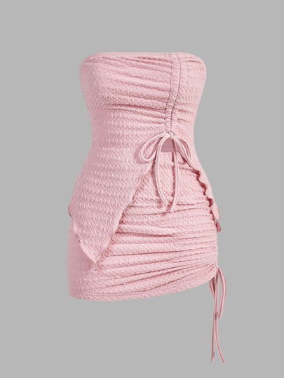 SHEIN ICON Drawstring Detail Lettuce Trim Strapless Top And Skirt Pink Set
