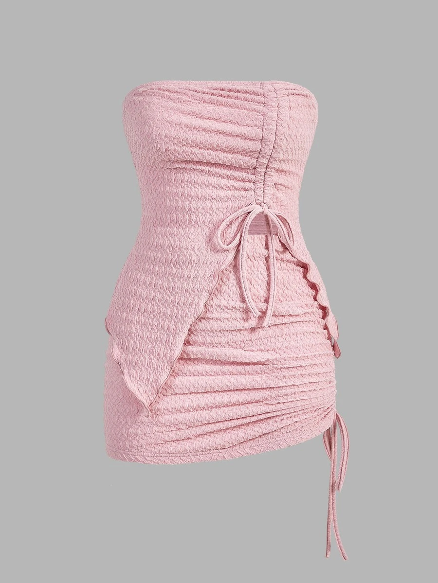 SHEIN ICON Drawstring Detail Lettuce Trim Strapless Top And Skirt Pink Set - Dusty Pink - View 1