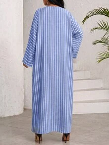 SHEIN Lady Middle-Aged Women Striped Long Sleeve Top And Pants Casual Daily Outfit Work Outfits For Women Casual Sets For Women - Blue and White - View 4