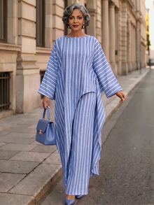 SHEIN Lady Middle-Aged Women Striped Long Sleeve Top And Pants Casual Daily Outfit Work Outfits For Women Casual Sets For Women - Blue and White - View 1