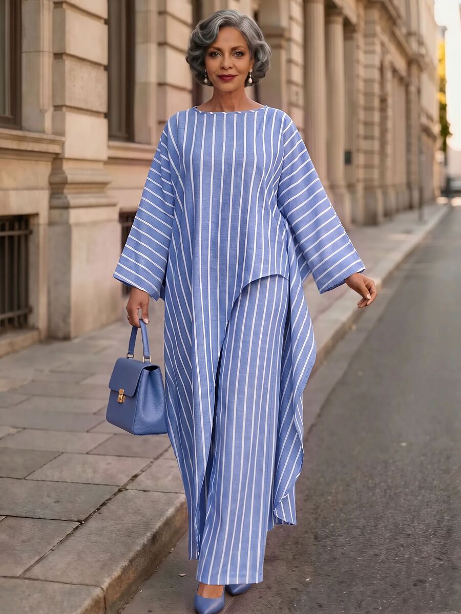 SHEIN Lady Middle-Aged Women Striped Long Sleeve Top And Pants Casual Daily Outfit Work Outfits For Women Casual Sets For Women - Blue and White - View 1