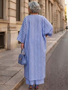 SHEIN Lady Middle-Aged Women Striped Long Sleeve Top And Pants Casual Daily Outfit Work Outfits For Women Casual Sets For Women - Blue and White - View 2