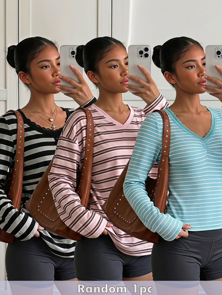 Teen Girls' Knit Striped Pink Long Sleeve V-Neck T-Shirt, Contrast Collar, Y2K Style, Versatile Top For School, Sports, Fitness, Streetwear, Party, Autumn/Winter - Pink - View 2