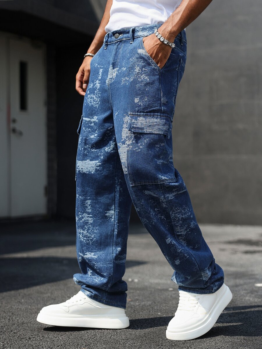 EGENSIO All-Season American Style Unisex Jacquard Cloud Pattern Cargo Pants - Blue - View 1