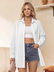 Yunfilé Solid Color Button Front Casual Long Sleeve Shirt,Long Sleeve Tops Fall Cloth For Women - White - View 4