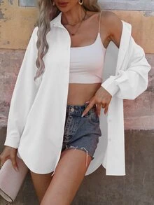 Yunfilé Solid Color Button Front Casual Long Sleeve Shirt,Long Sleeve Tops Fall Cloth For Women - White - View 5