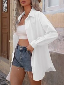 Yunfilé Solid Color Button Front Casual Long Sleeve Shirt,Long Sleeve Tops Fall Cloth For Women - White - View 9