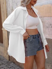Yunfilé Solid Color Button Front Casual Long Sleeve Shirt,Long Sleeve Tops Fall Cloth For Women - White - View 8