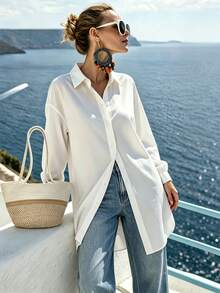 Yunfilé Solid Color Button Front Casual Long Sleeve Shirt,Long Sleeve Tops Fall Cloth For Women - White - View 3