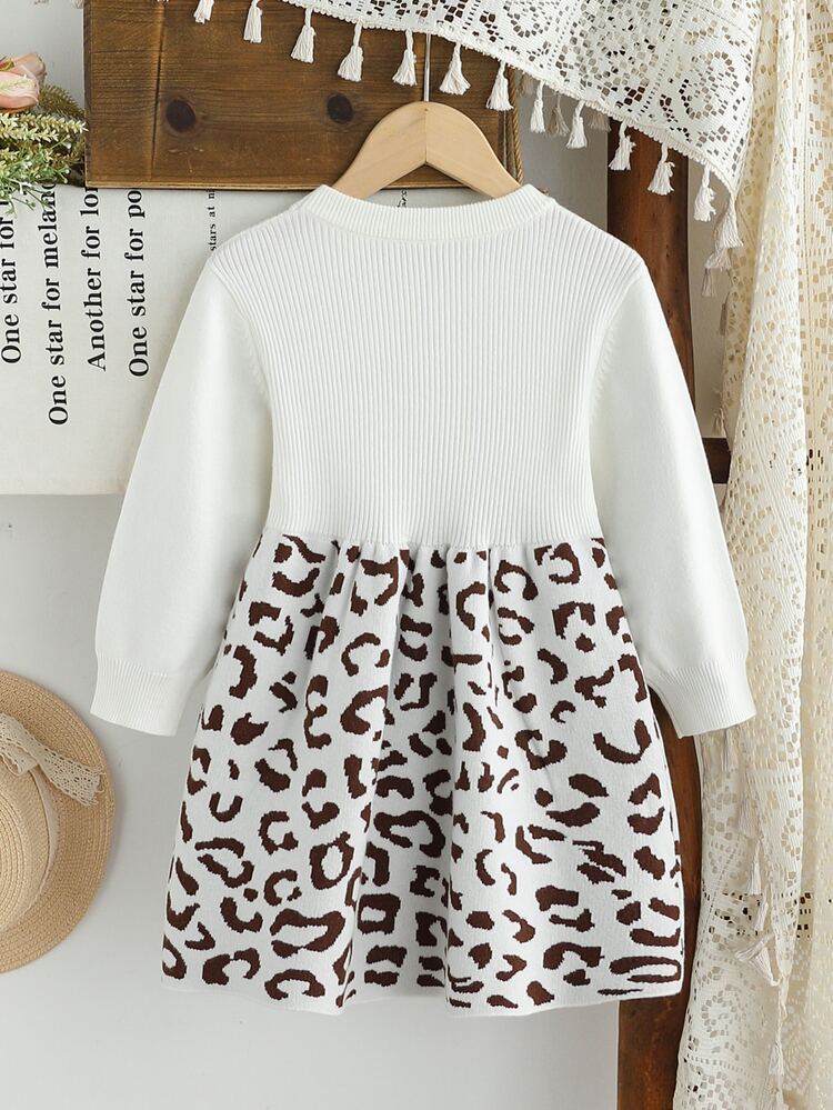 Souflis Souflis Girls' Beige Leopard Print Jacquard Knit A-Line Loose Fit Cute Round Neck Pullover Long Sleeve Bow Sweater Dress, Cute Round Neck Long Sleeve Knit Dress - White - View 2