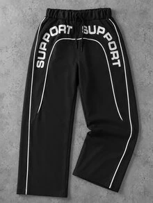 Boys' Minimalist Fashionable Streetwear Fleece Contrast Color Webbing Decor Large Pocket Loose Straight Leg Cargo Pants Black Suitable For Autumn/Winter - Black - View 1