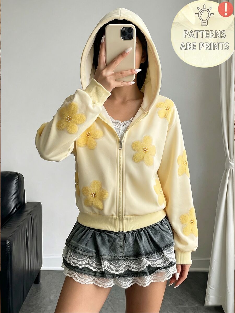 青少年花卉連帽夾克,清新甜美休閒風,百搭春夏秋上衣。拉鍊開襟連帽設計,3D珠飾花卉裝飾,寬鬆短版落肩版型,親膚柔軟面料,舒適適合日常穿著,適用於學校、購物、外出等場合。 - 黃色 - 查看 1