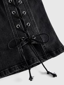 ROMWE Grunge Punk Punk Versatile Metal Eyelet Lace-Up Design Fitted Mid-Length Denim Shorts Plus Size - Black - View 4