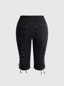 ROMWE Grunge Punk Punk Versatile Metal Eyelet Lace-Up Design Fitted Mid-Length Denim Shorts Plus Size - Black - View 1