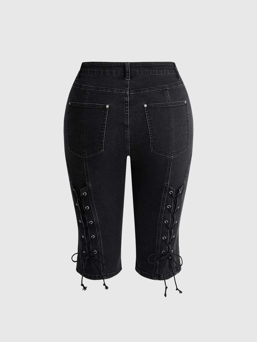 ROMWE Grunge Punk Punk Versatile Metal Eyelet Lace-Up Design Fitted Mid-Length Denim Shorts Plus Size - Black - View 1