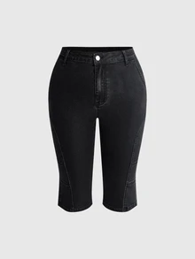 ROMWE Grunge Punk Punk Versatile Metal Eyelet Lace-Up Design Fitted Mid-Length Denim Shorts Plus Size - Black - View 2