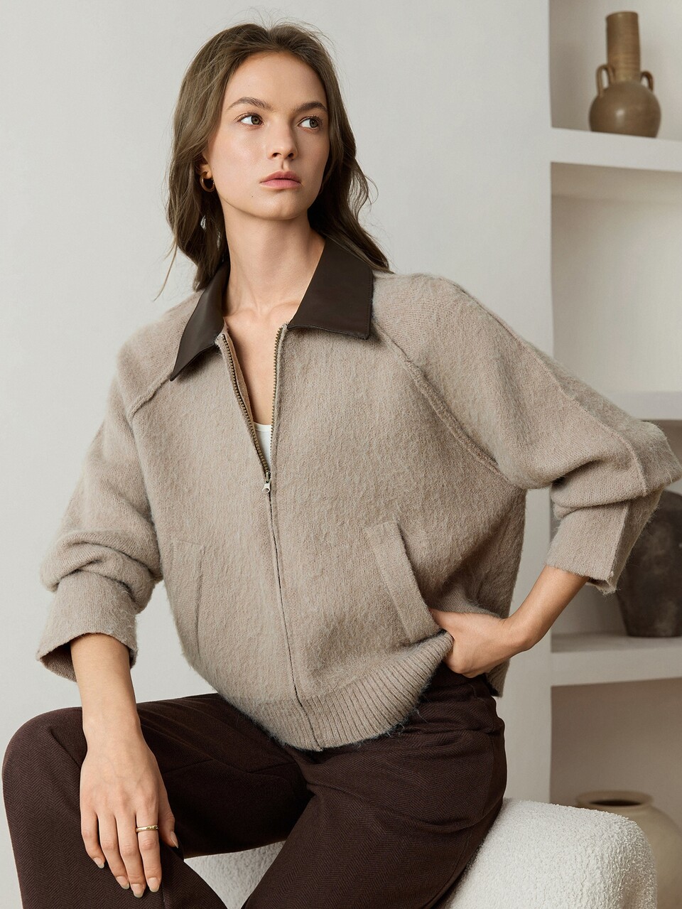 Women's Winter Brown Round Neck Button Cable Knit Long Sleeve Slim Fit Ribbed Cardigan
