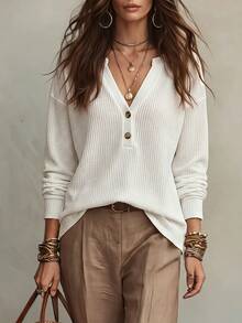 SHEIN LUNE Women's Solid Color Button Design Notched V-Neck Long Sleeve Casual Plain T-Shirt Brunch White Autumn - White - View 1