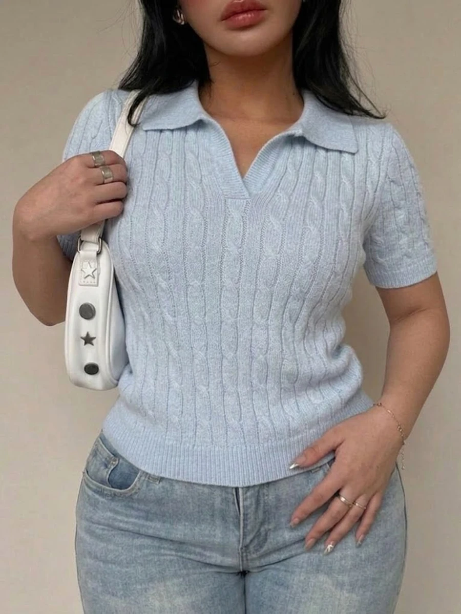 Ritzy Row Women's Plus Size Knit Top, Solid Color Polo Collar Short Sleeve Textured Cable Knit, Traditional Casual Formal Evening Elegant Light Blue Summer - Blue - View 1