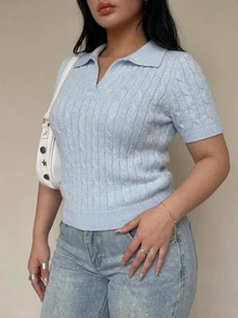 Ritzy Row Women's Plus Size Knit Top, Solid Color Polo Collar Short Sleeve Textured Cable Knit, Traditional Casual Formal Evening Elegant Light Blue Summer - Blue - View 4