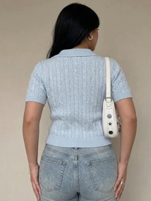 Ritzy Row Women's Plus Size Knit Top, Solid Color Polo Collar Short Sleeve Textured Cable Knit, Traditional Casual Formal Evening Elegant Light Blue Summer - Blue - View 2