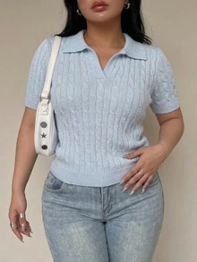 Ritzy Row Women's Plus Size Knit Top, Solid Color Polo Collar Short Sleeve Textured Cable Knit, Traditional Casual Formal Evening Elegant Light Blue Summer - Blue - View 5