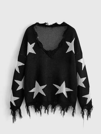 Grunge Punk Pull polyvalent décontracté ample confortable col V ourlet déchiré motif étoile grande taille