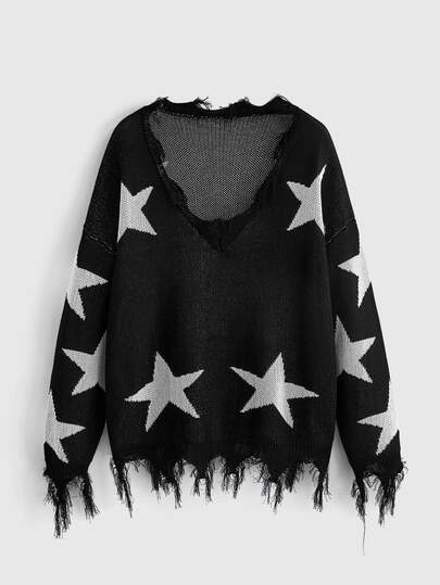 Grunge Punk Suéter holgado y cómodo de cuello en V con patrón de estrellas y dobladillo desgastado, versátil y casual, talla grande