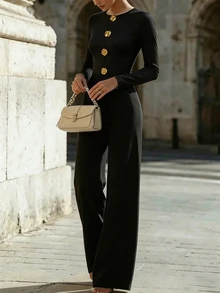 SHEIN Black Elegant Metal Button Long Sleeve Thin Women's Jumpsuit - Black - View 5