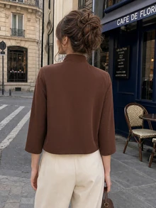 SHEIN PariChic New Chinese Style Stand Collar Asymmetric Button Short Blazer Jacket Women 3/4 Sleeve Slimming Commuter Brown Open Front Top - Brown - View 2