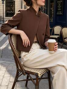 SHEIN PariChic New Chinese Style Stand Collar Asymmetric Button Short Blazer Jacket Women 3/4 Sleeve Slimming Commuter Brown Open Front Top - Brown - View 3