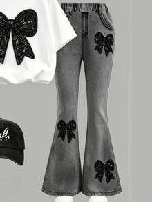 Tween Girl Bow Sequin T-Shirt And Denim Effect Print Flared Pants Set - Multicolor - View 5