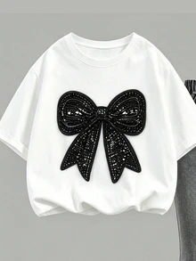 Tween Girl Bow Sequin T-Shirt And Denim Effect Print Flared Pants Set - Multicolor - View 4