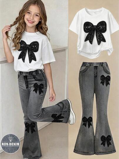 Tween Mädchen Schleife Pailletten T-Shirt und Denim-Effekt Muster Schlaghose Set