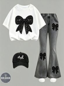 Tween Girl Bow Sequin T-Shirt And Denim Effect Print Flared Pants Set - Multicolor - View 3